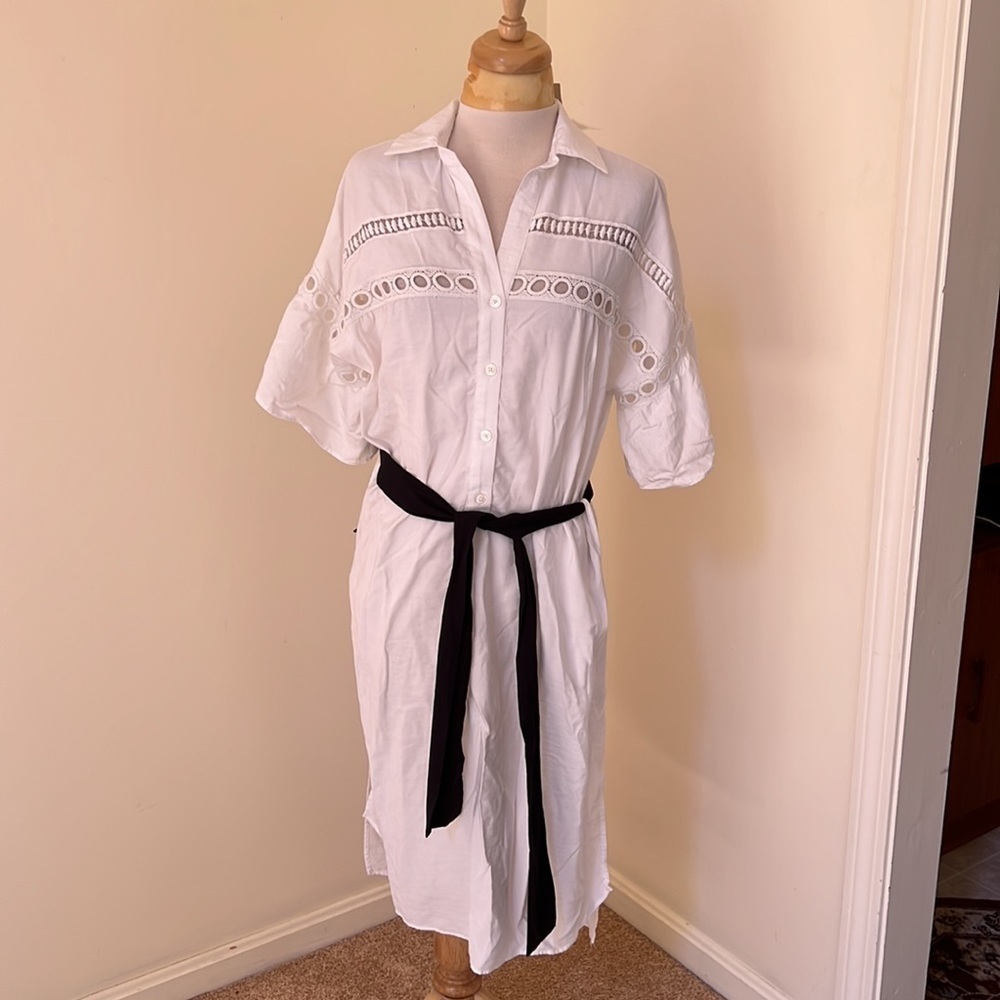 New! ZARA Basic Size M white eyelet bell sleeve shirt dress with waist tie